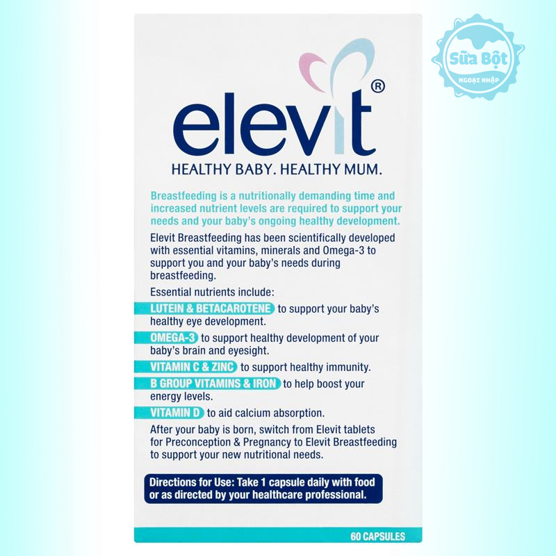 Elevit sau sinh chứa nhiều thành phần giúp chăm sóc sức khỏe mẹ và bé
