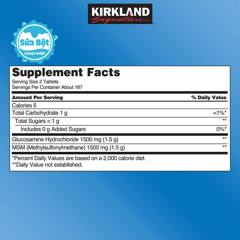 Kirkland Glucosamine có chứa 2 thành phần gồm Glucosamin HCl 1500mg và MSM 1500mg