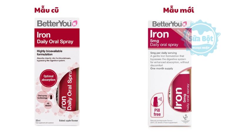 Sắt xịt Better You Iron Daily Oral Spray mẫu cũ và mẫu mới