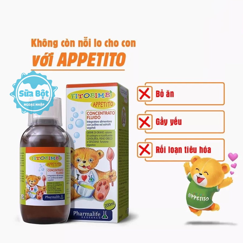 Siro ăn ngon Fitobimbi Appetito sử dụng cho trẻ bỏ ăn, gầy yếu, rối loạn tiêu hóa,... giúp trẻ hết biếng ăn, ăn ngon miêng hơn