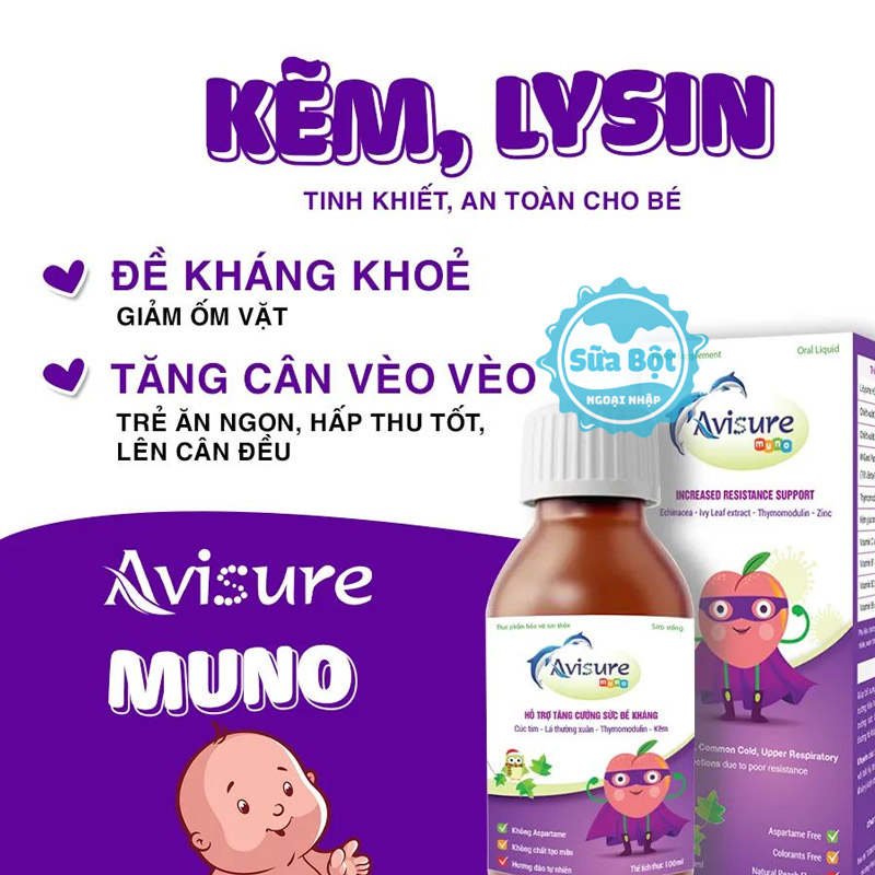 Siro Avisure muno bổ sung kẽm, lysine giúp tăng đề kháng, giảm ốm vặt, trẻ ăn ngon, hấp thu tốt