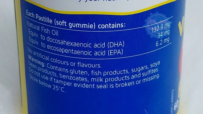Bảng thành phần kẹo dẻo Nature's Way Kids Smart Vita Gummies Omega-3 DHA Fish Oil bằng ngôn ngữ tiếng Anh