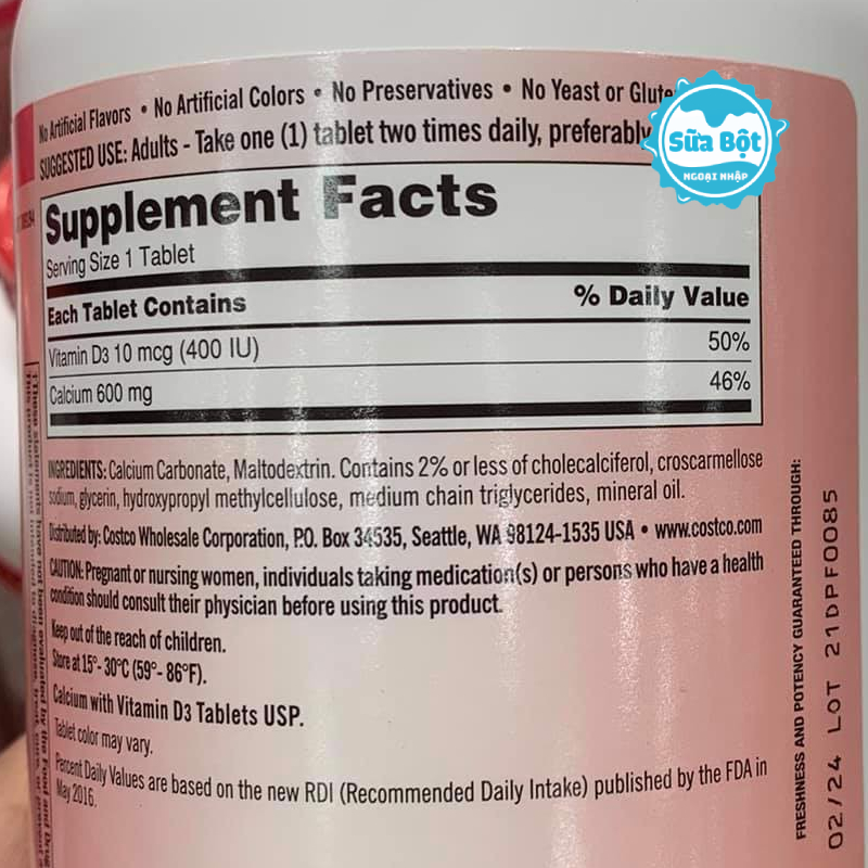 Thành phần của viên uống Kirkland Calcium 600mg Vitamin D3 của Mỹ
