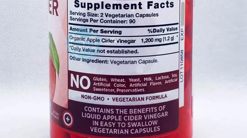 Bảng thành phần chi tiết viên uống giấm táo Nature’s Truth Apple Cider Vinegar 1200mg 
