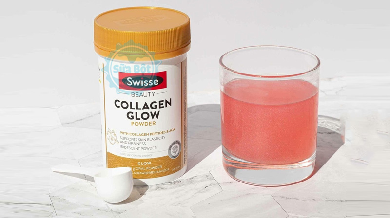 Bột Collagen Swisse Beauty Collagen Glow Powder mỗi lần uống với 250ml nước và 6g bột