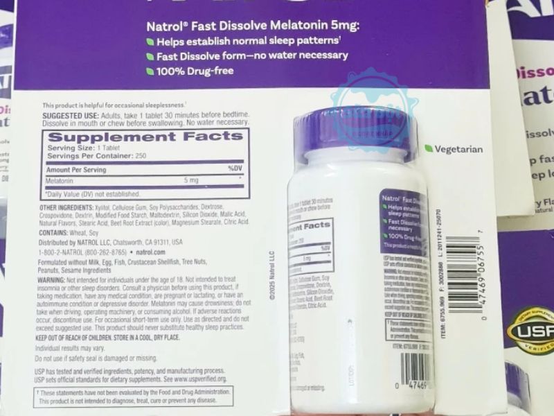 Bảng thành phần viên ngậm ngủ ngon Natrol Melatonin Sleep 5mg