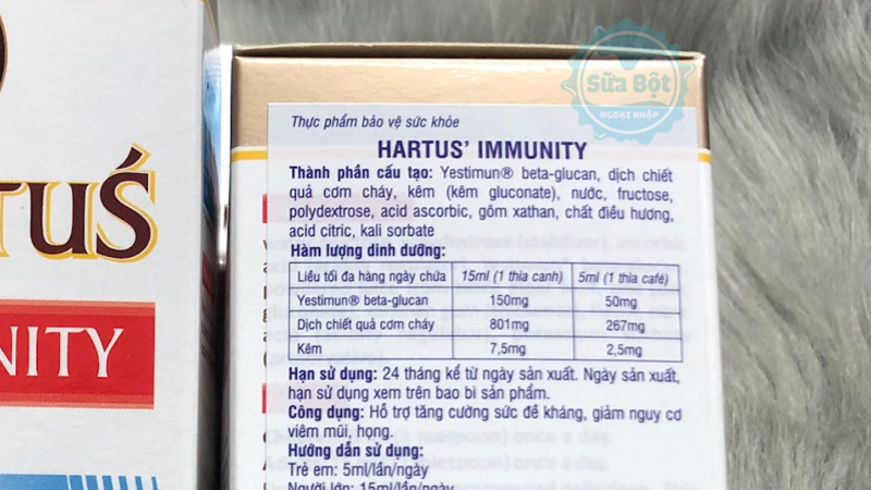 Bảng thành phần cụ thể của siro Hartus Immunity