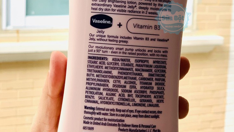Bảng thành phần của sữa dưỡng thể Vaseline Healthy Bright Daily Brightening