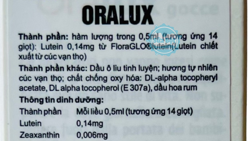 Bảng thành phần chi tiết của siro bổ mắt Oralux drops Italy 15ml 