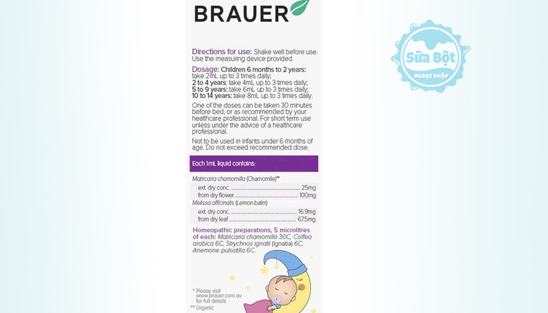 Bảng thành phần và hướng dẫn sử dụng siro ngủ ngon cho bé Brauer Baby & Child Sleep Úc 100ml