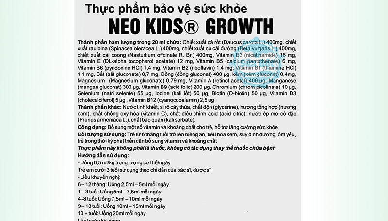 Vitamin tổng hợp Neo Kids Growth bảng thành phần chi tiết