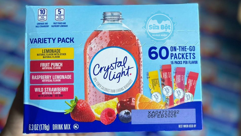 Bột pha nước trái cây Crystal Light Drink Mix có 4 vị hương vị mỗi hộp 60 gói