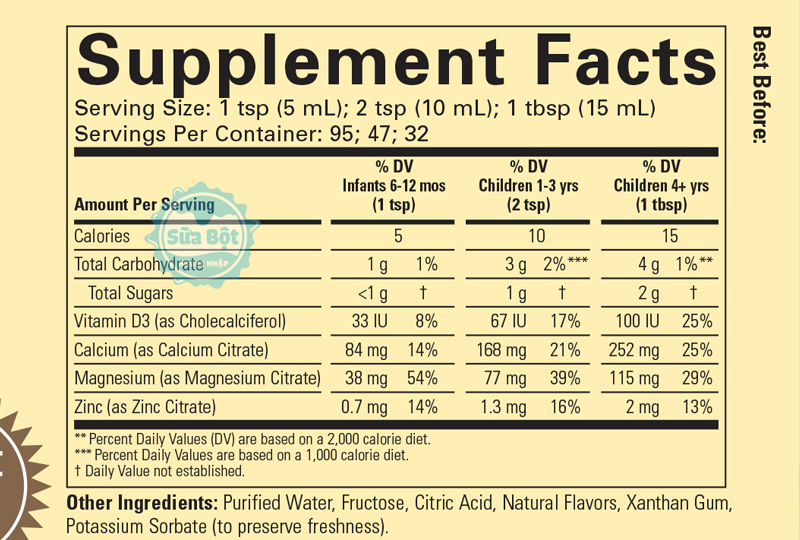 Siro ChildLife Liquid Calcium With Magnesium bảng thành phần chi tiết