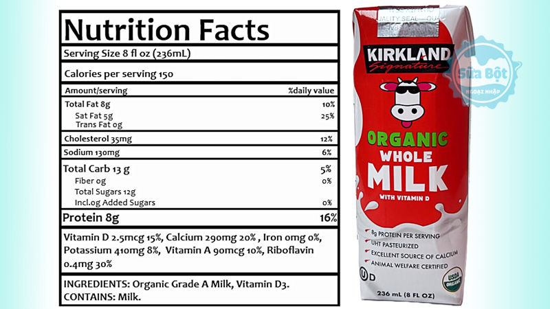 Sữa tươi nguyên kem Kirkland Organic Whole Milk With Vitamin D bảng thành phần và thành phần dinh dưỡng