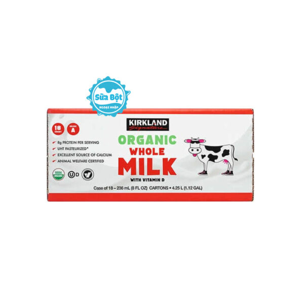 Sữa tươi nguyên kem Kirkland Organic Whole Milk With Vitamin D Mỹ thùng 18 hộp x 236ml