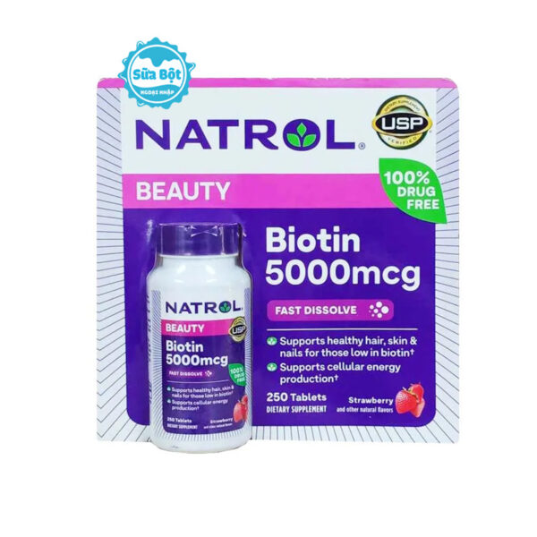 Viên ngậm Natrol Biotin 5000 mcg hỗ trợ làm đẹp da, tóc, móng Mỹ 250 viên