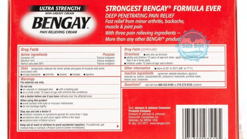 Dầu nóng Bengay Ultra Strength bảng thành phần