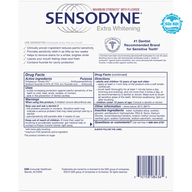 Thành phần của kem đánh răng Sensodyne Extra Whitening của Mỹ 184g