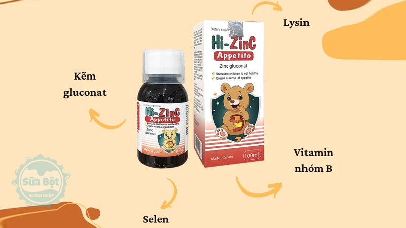 Hi Zinc Appetito chứa kẽm gluconat, Selen, Lysine, vitamin nhóm B giúp trẻ ăn ngon, nâng cao sức đề kháng