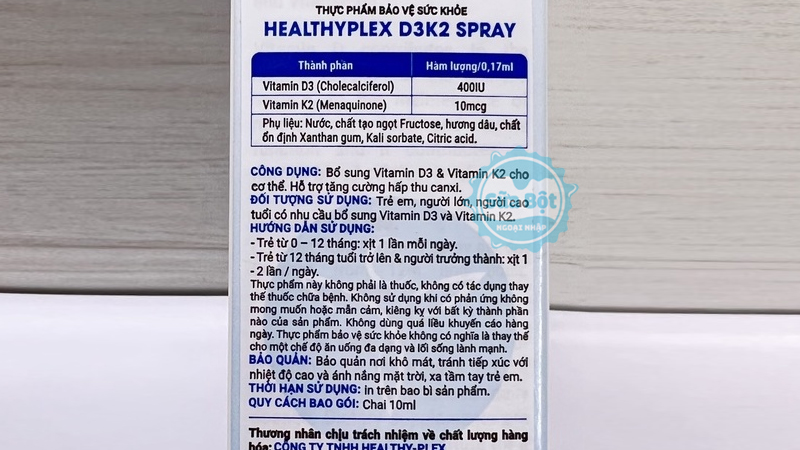 Xịt HealthyPlex D3K2 với bảng thành phần chi tiết