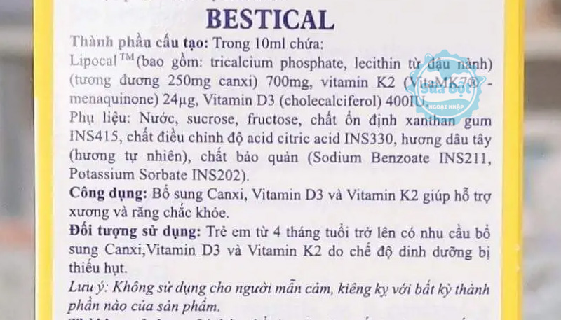 Thông tin về bảng thành phần của canxi Bestical