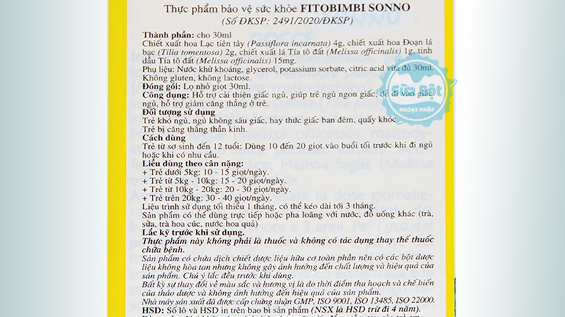 Siro Fitobimbi Sonno và bảng thành phần cụ thể