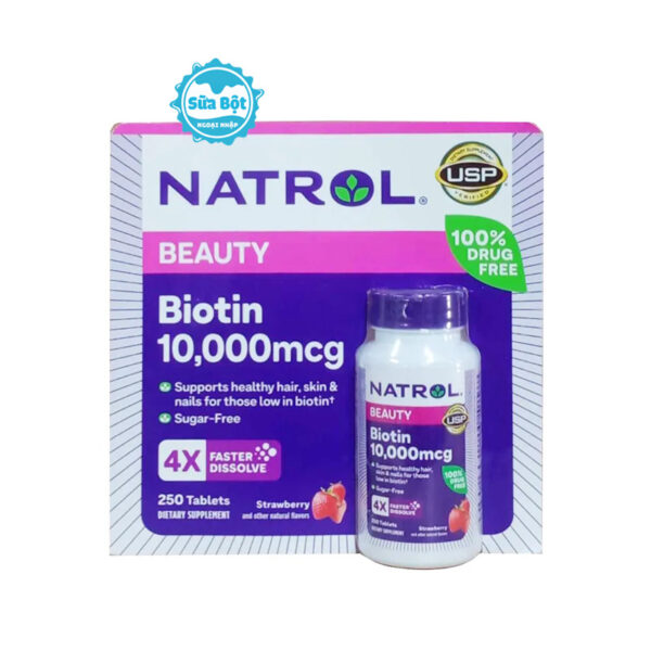 Viên ngậm Natrol Biotin Beauty 10 000 mcg hỗ trợ mọc tóc Mỹ 250 viên