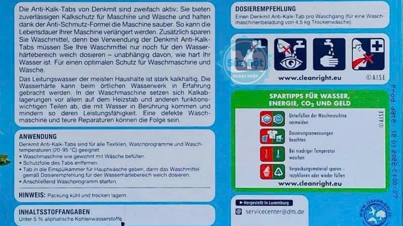 Viên tẩy máy giặt Denkmit Anti Kalk Tabs với bảng thành phần, hướng dẫn sử dụng