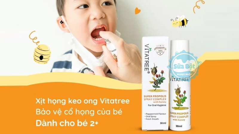 Xịt họng keo ong Vitatree kết hợp mật ong và keo ong giúp bảo vệ cổ họng, nâng cao sức đề kháng