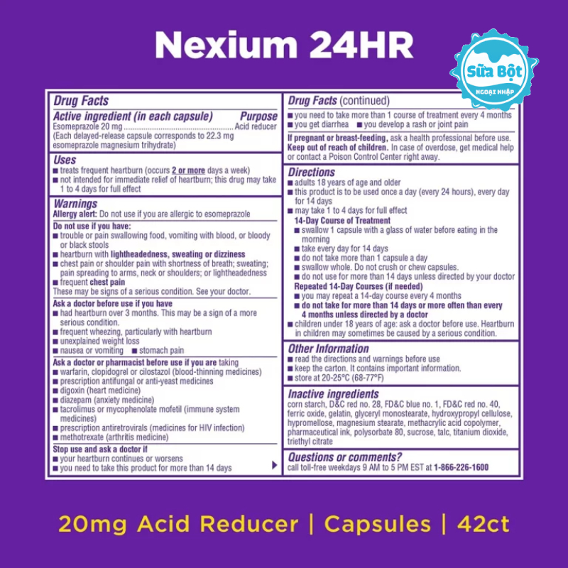 Thành phần của viên Nexium 24hr trị viêm loét dạ dày esomeprazole 20mg