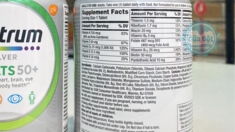 Vitamin tổng hợp Centrum Silver Adults 50+ và bảng thành phần