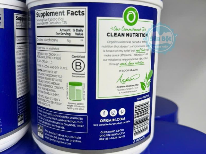 Bột Orgain Creatine Micronized Creatine Monohydrate bảng thành phần