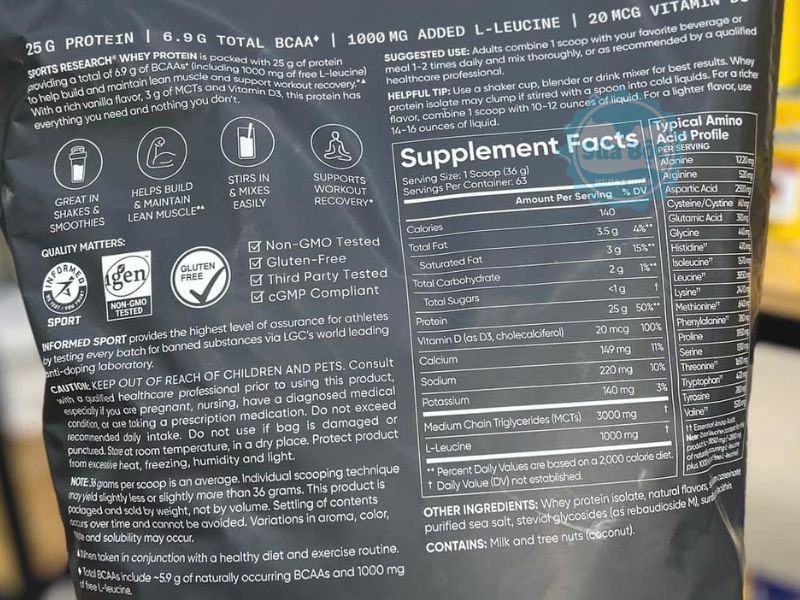 Bột Sports Research Whey Protein Isolate và bảng thành phần chi tiết