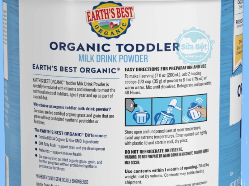 Sữa Earth’s Best Organic Toddler pha chế theo chỉ dẫn trên bao bì sản phẩm Sữa Earth’s Best Organic Toddler pha chế theo chỉ dẫn trên bao bì sản phẩm