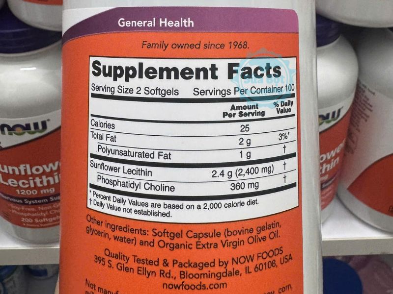 Viên uống Now Sunflower Lecithin 1200mg và bảng thành phần