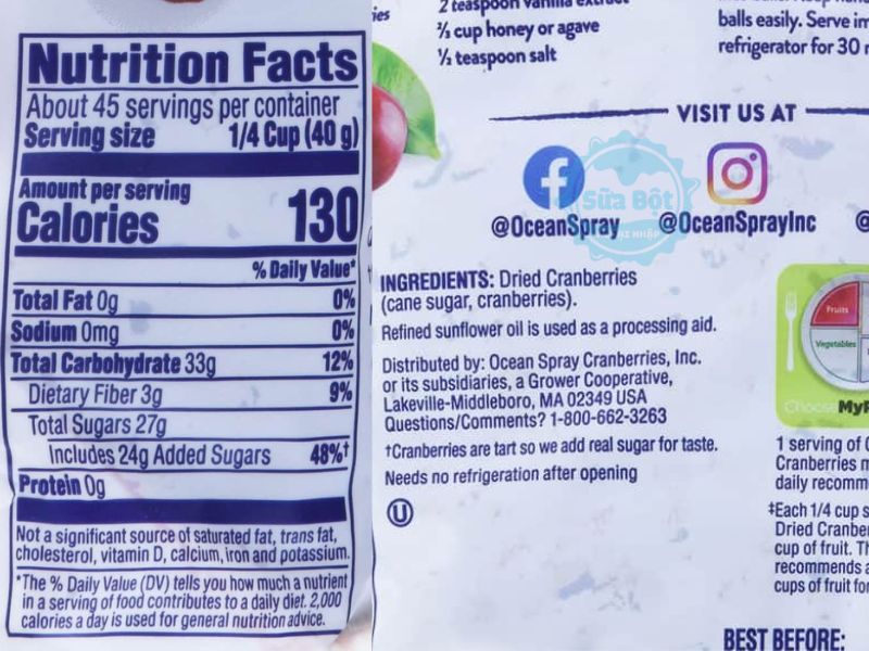 Ocean Spray Craisins Whole & Juicy Dried Cranberries và bảng thành phần Ocean Spray Craisins Whole & Juicy Dried Cranberries và bảng thành phần