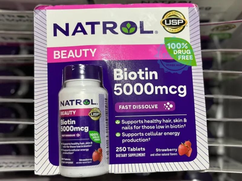 Viên ngậm Natrol Biotin 5000 mcg giúp giảm rụng tóc, thúc đẩy tóc mọc, tốt cho cả da và móng Viên ngậm Natrol Biotin 5000 mcg giúp giảm rụng tóc, thúc đẩy tóc mọc, tốt cho cả da và móng
