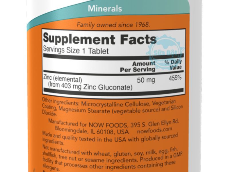 Viên bổ sung kẽm Zinc 50mg Now và bảng thành phần Viên bổ sung kẽm Zinc 50mg Now và bảng thành phần