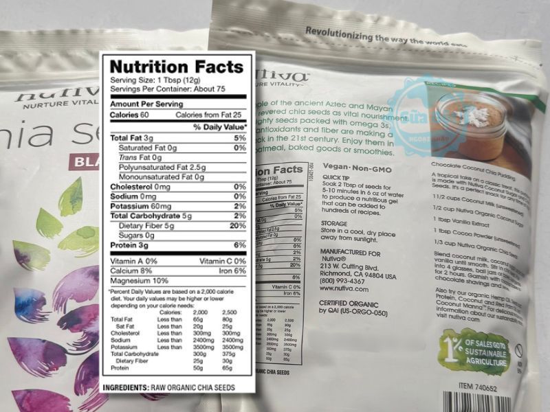 Hạt chia đen Nutiva Organic Chia Seed Black với bảng thành phần dinh dưỡng Hạt chia đen Nutiva Organic Chia Seed Black với bảng thành phần dinh dưỡng