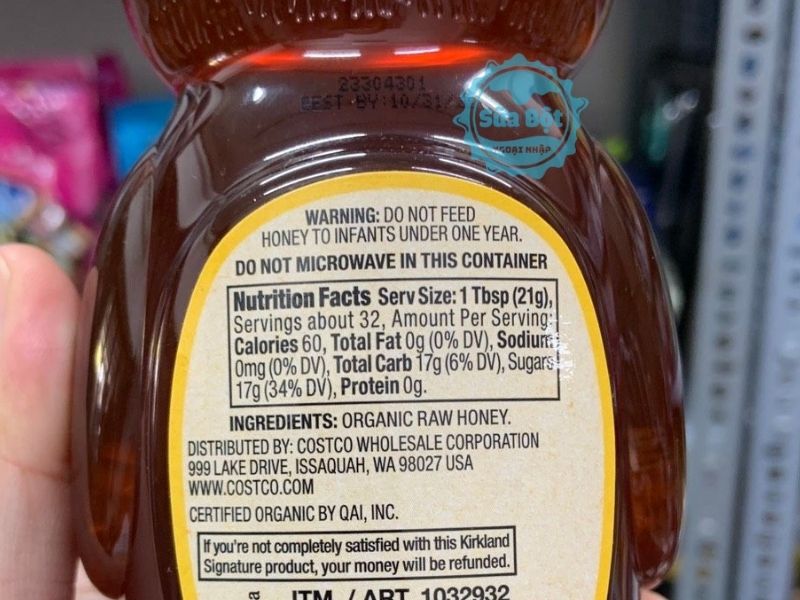 Mật ong hữu cơ Kirkland Organic Raw & Unfiltered Honey thành phần dinh dưỡng
