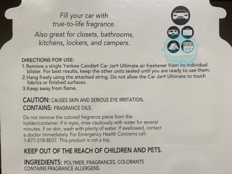 Sáp thơm ô tô Yankee Candle Car Jar Place Anywhere của Mỹ set 5 hũ bảng thành phần và sử dụng