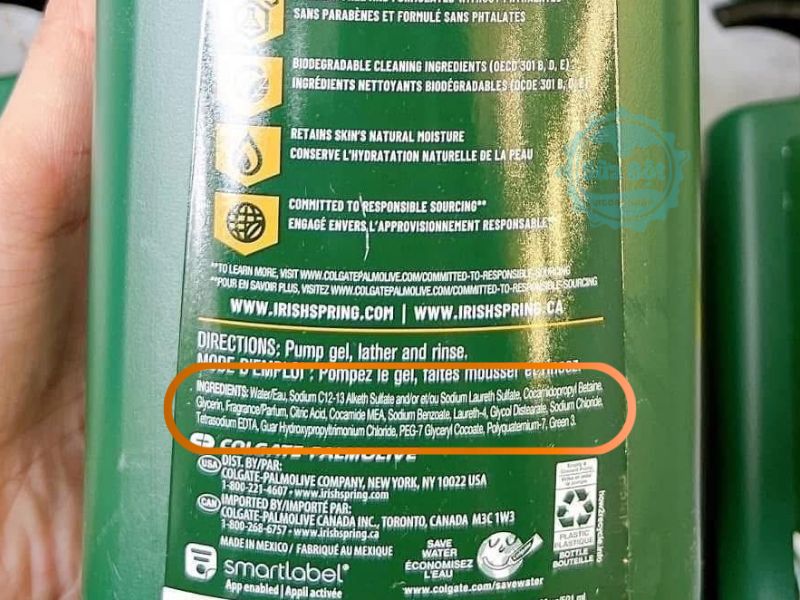 Sữa tắm gội nam Irish Spring và bảng thành phần