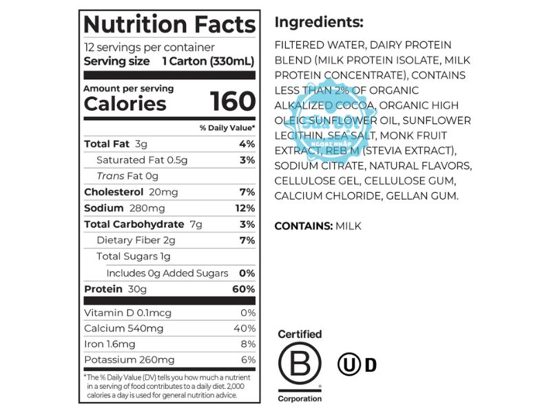 Sữa Protein Orgain 30g Protein Shake Chocolate Fudge bảng thành phần