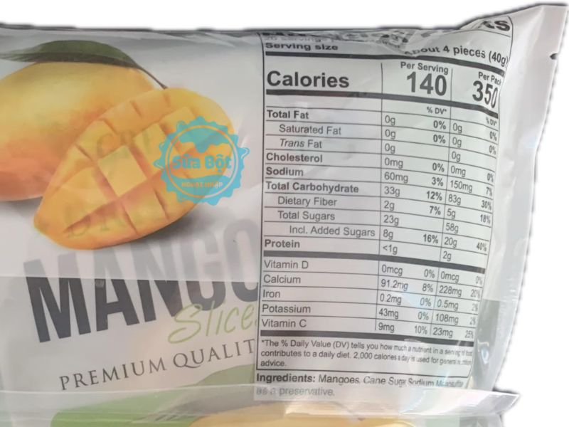 Xoài sấy dẻo Paradise Green Dried Mango và bảng thành phần chi tiết