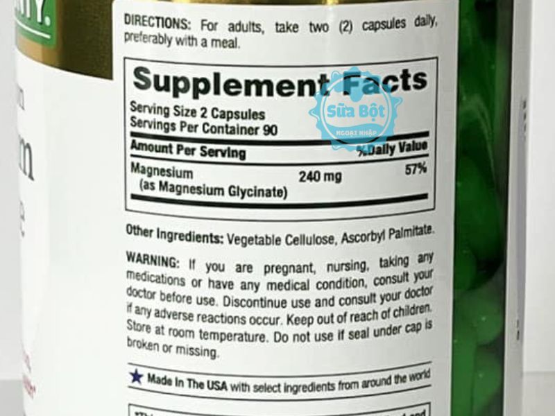 Viên uống Nature’s Bounty Magnesium Glycinate 240mg và bảng thành phần