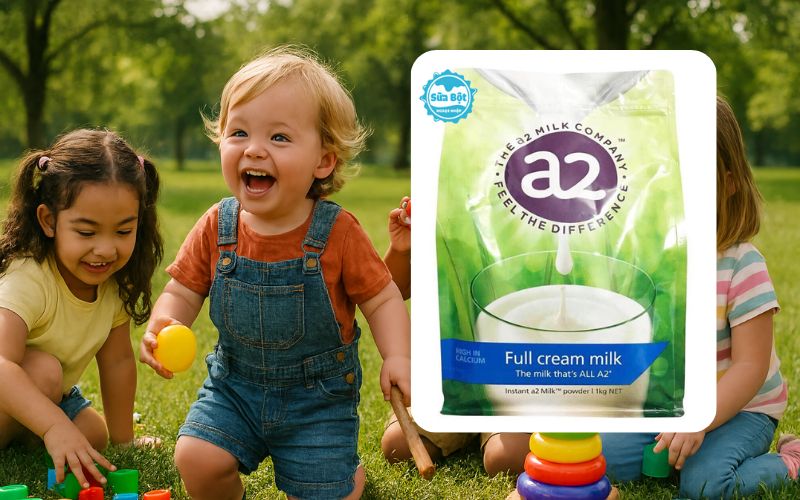 Sữa bột nguyên kem A2 Full cream đóng gói túi zip hiện đại, dễ dùng
