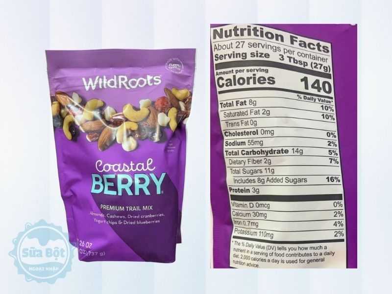 Hạt hỗn hợp Wildroots Coastal Berry Trail Mix thành phần dinh dưỡng