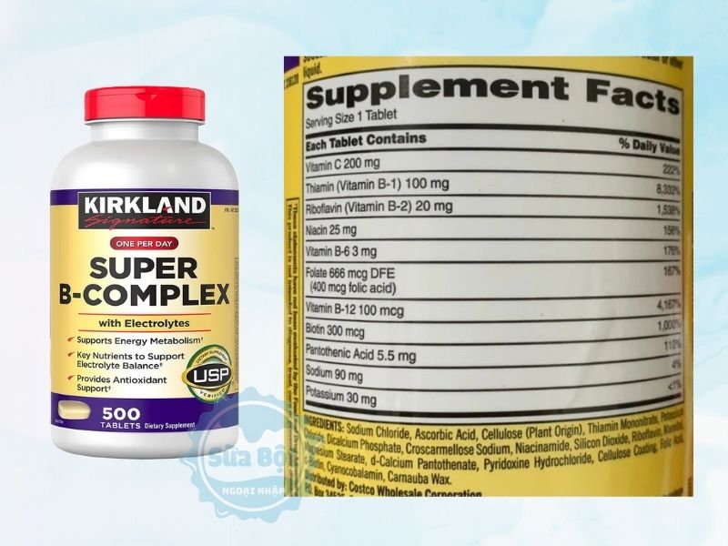 Bảng thành phần chi tiết Kirkland Super B Complex